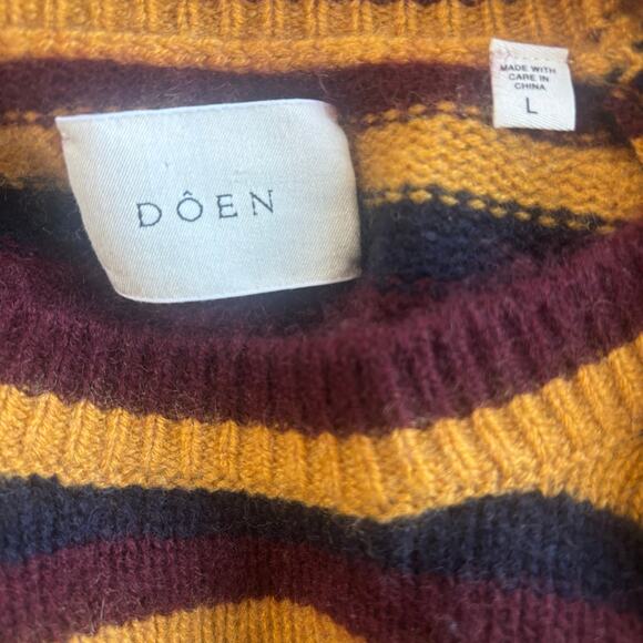 Doen Dana Striped Knit Crewneck Cashmere Sweater Gold Black Burgundy Size Large - Picture 4 of 6